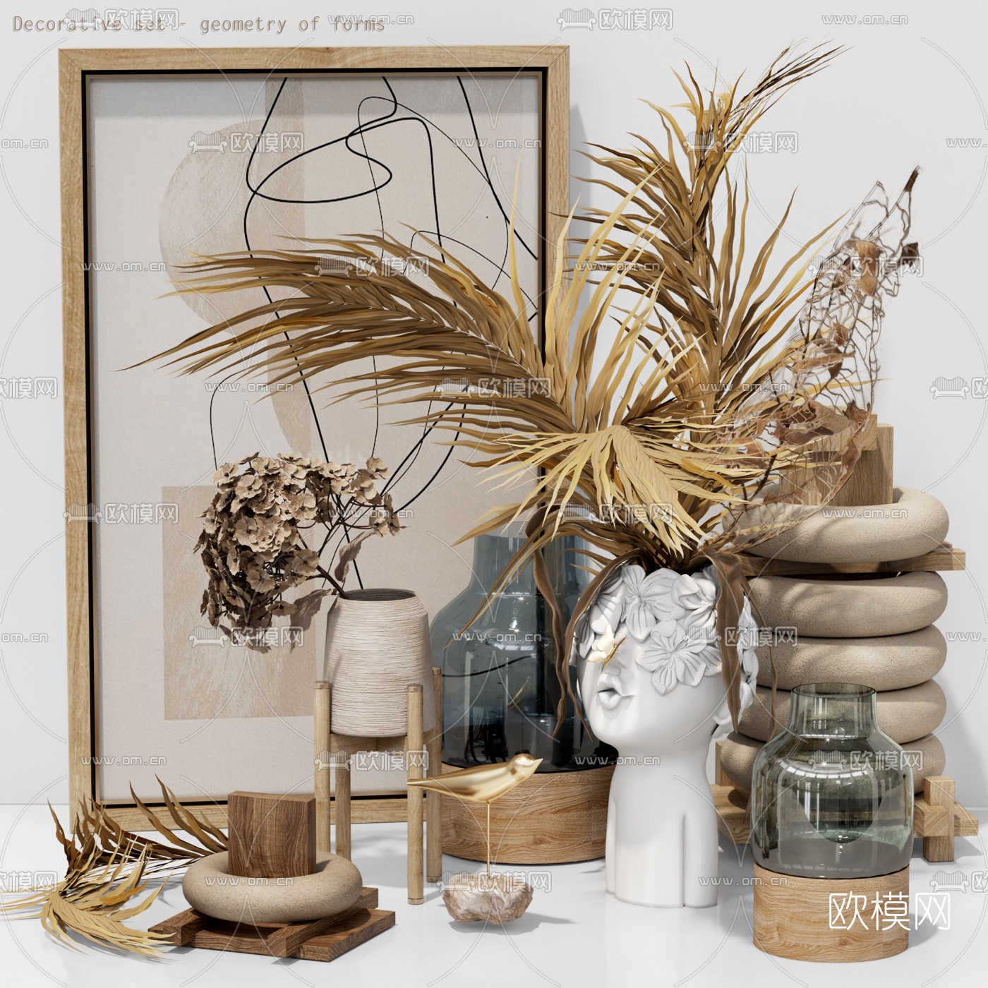 北欧干花画框摆件3d模型下载（渲染图1）