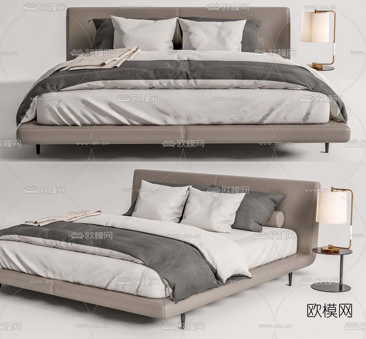 现代布艺双人床su模型下载（渲染图1）