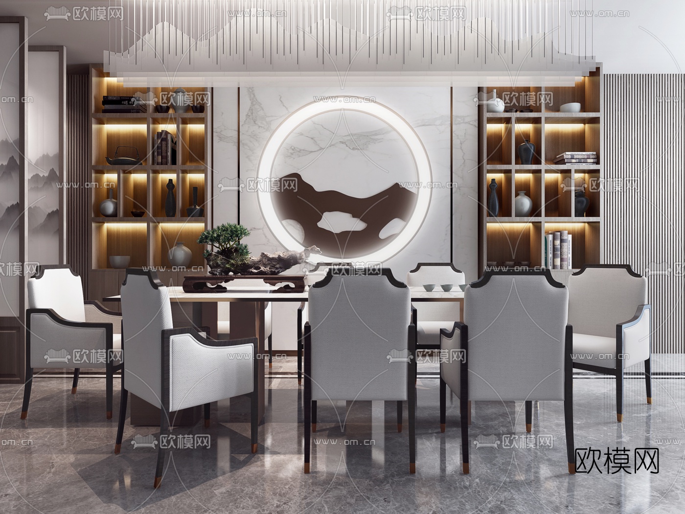 新中式大理石茶桌椅3d模型下载（渲染图1）
