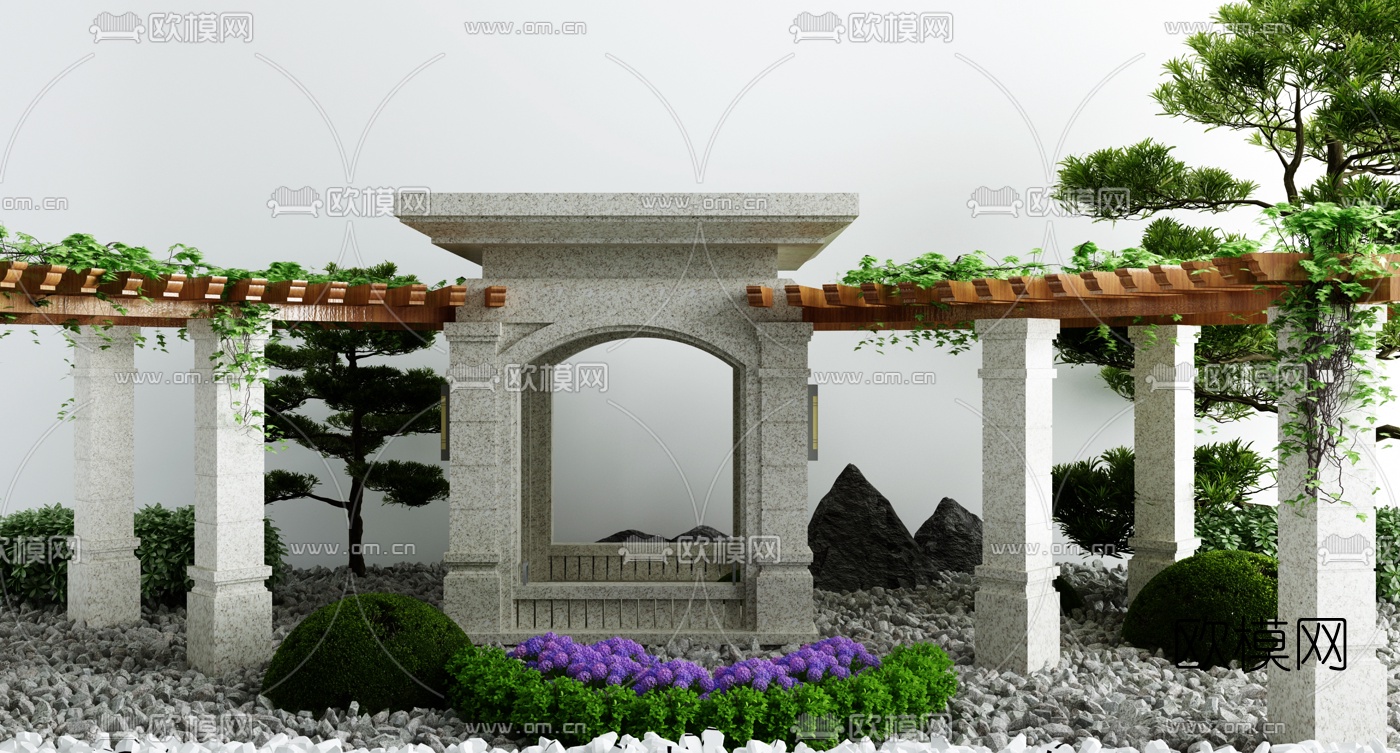 新中式花草庭院小品3d模型