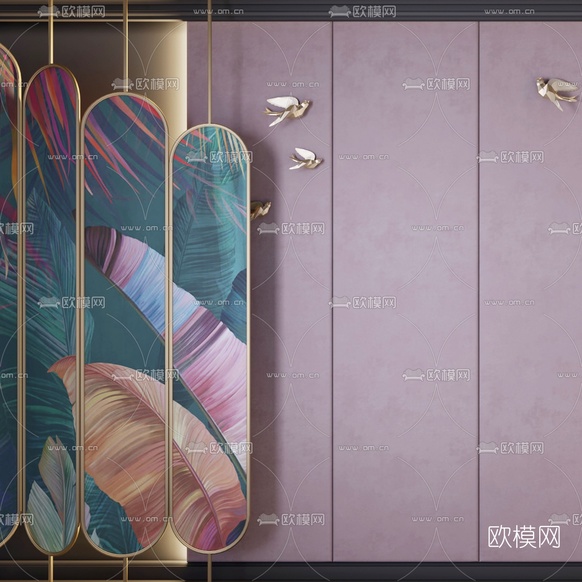 北欧轻奢背景墙屏风3d模型下载(渲染图2)