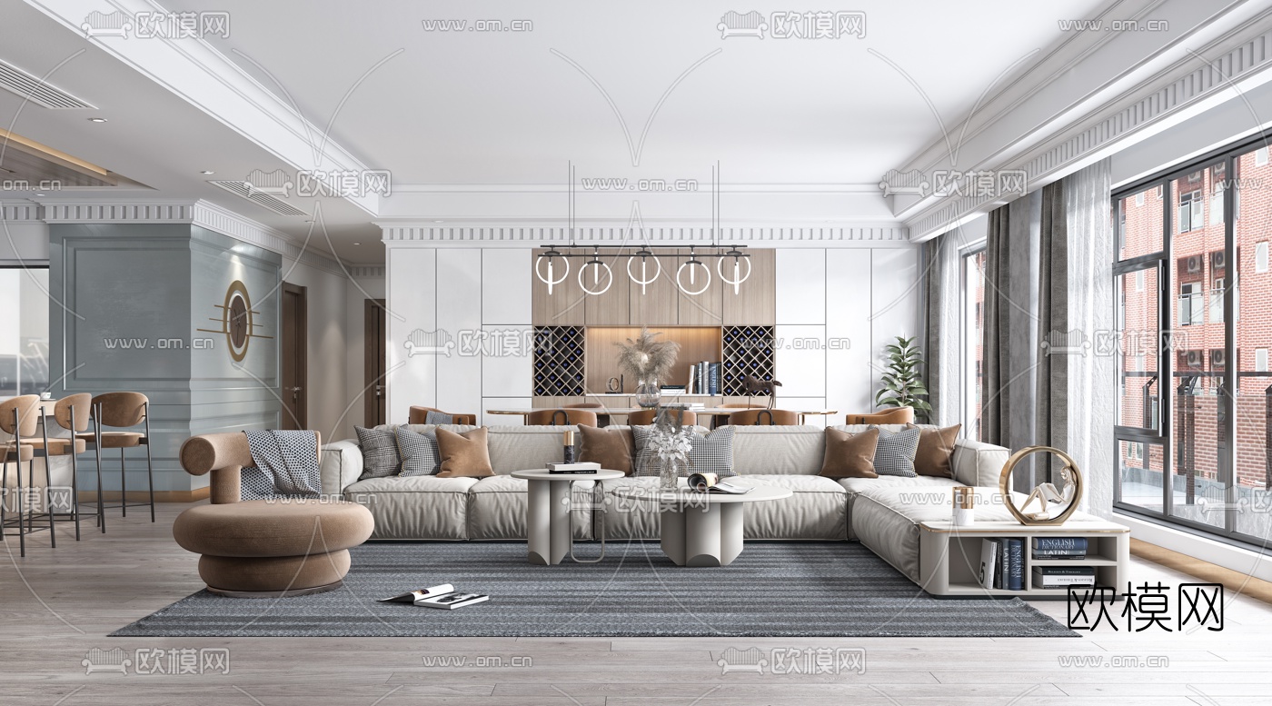 简欧轻奢客厅餐厅3d模型下载（渲染图1）