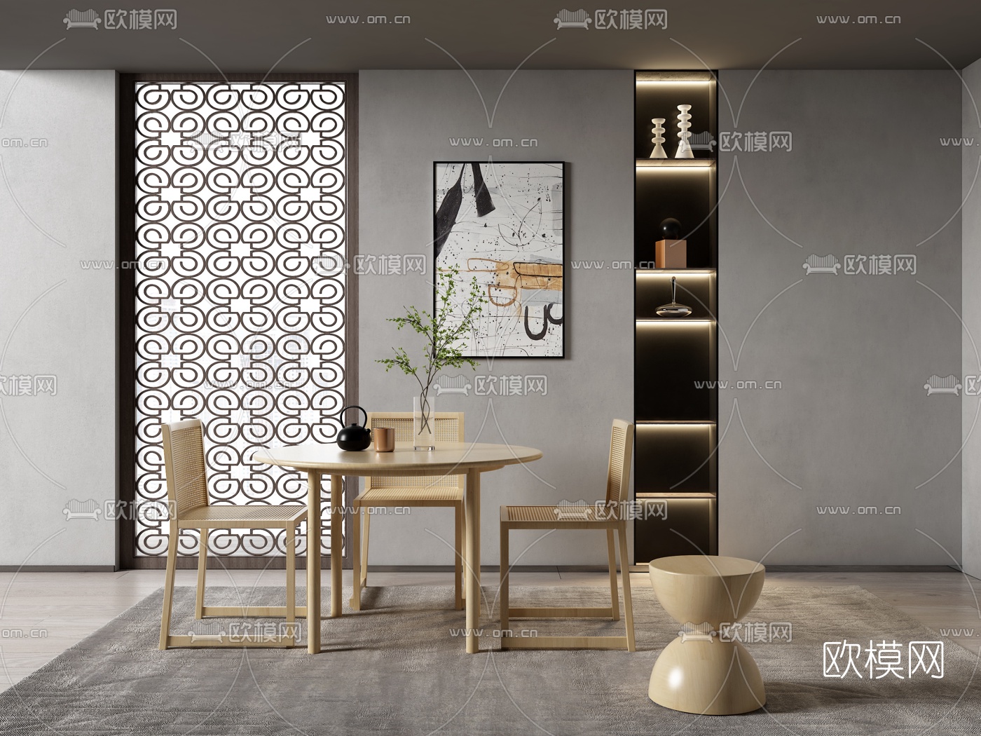 日式圆形餐桌椅3d模型下载