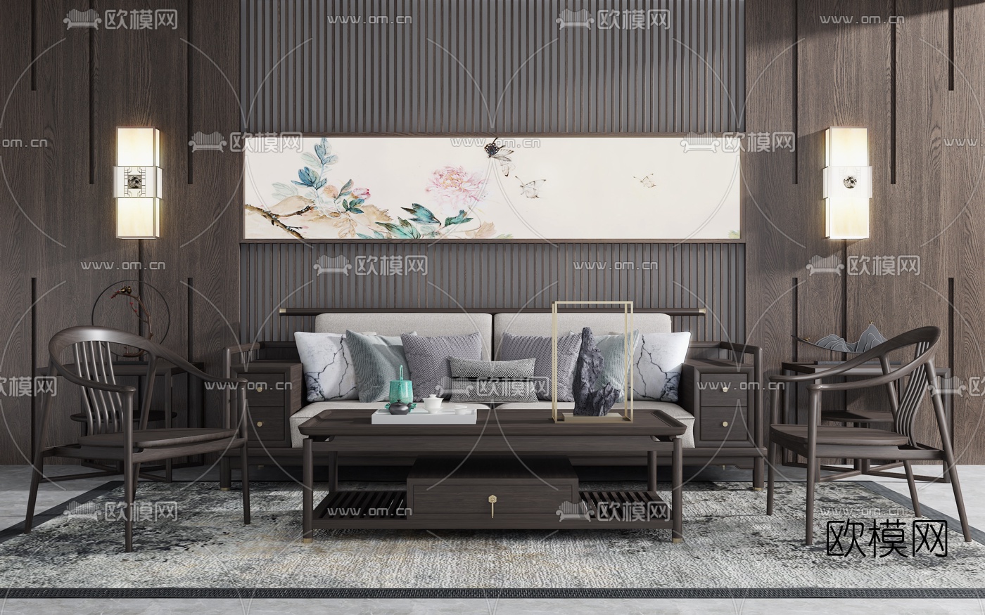 新中式布艺双人沙发组合3d模型-免费3dmax模型库-欧模网