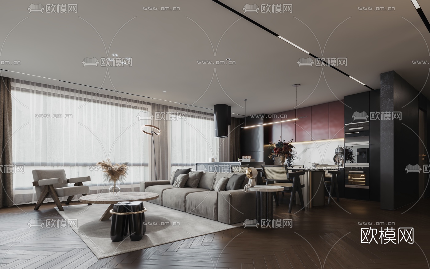 现代轻奢客厅餐厅3d模型