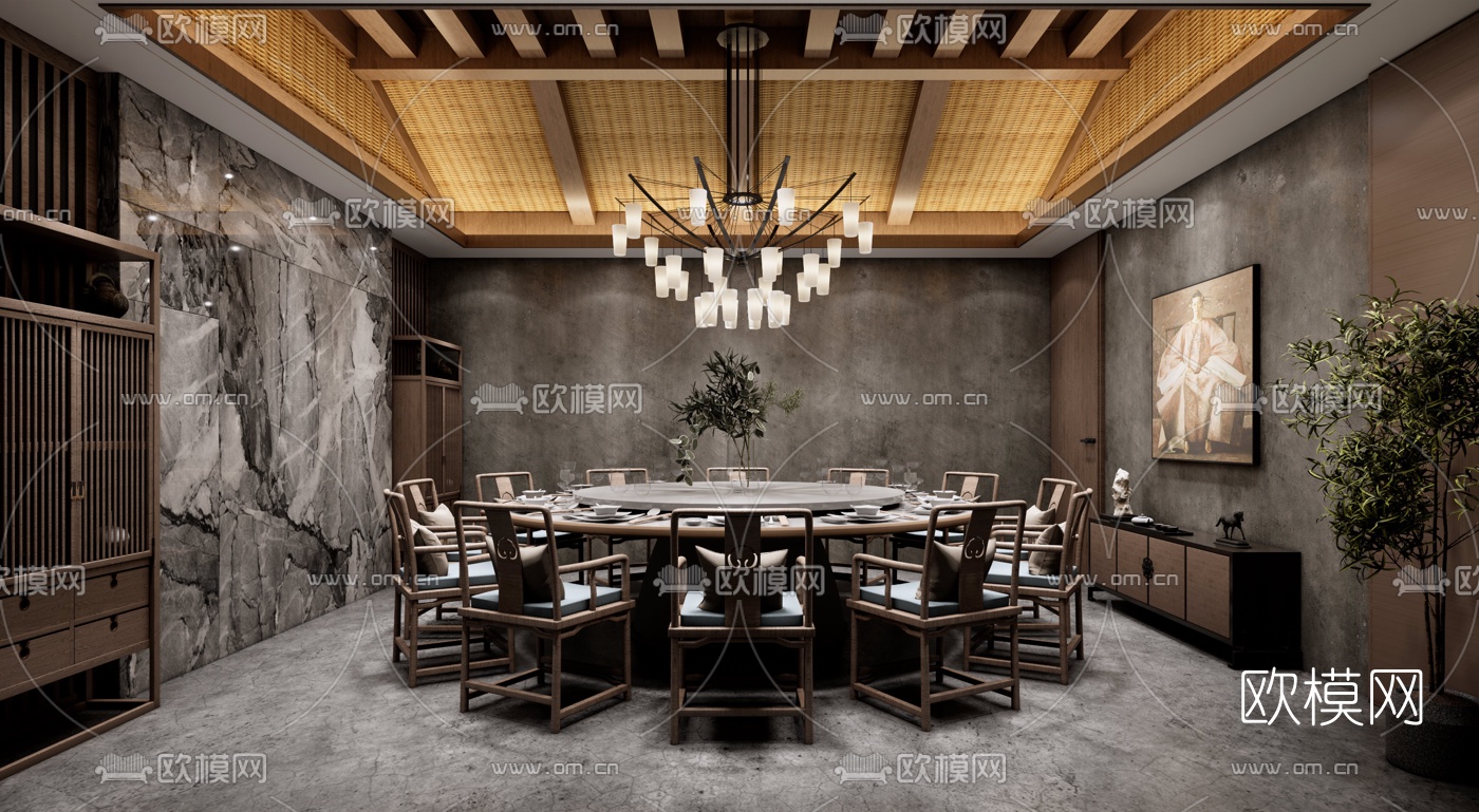 新中式餐饮包厢su模型下载（渲染图1）