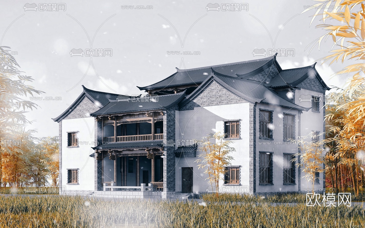 中式古建别墅外观3d模型下载（渲染图1）