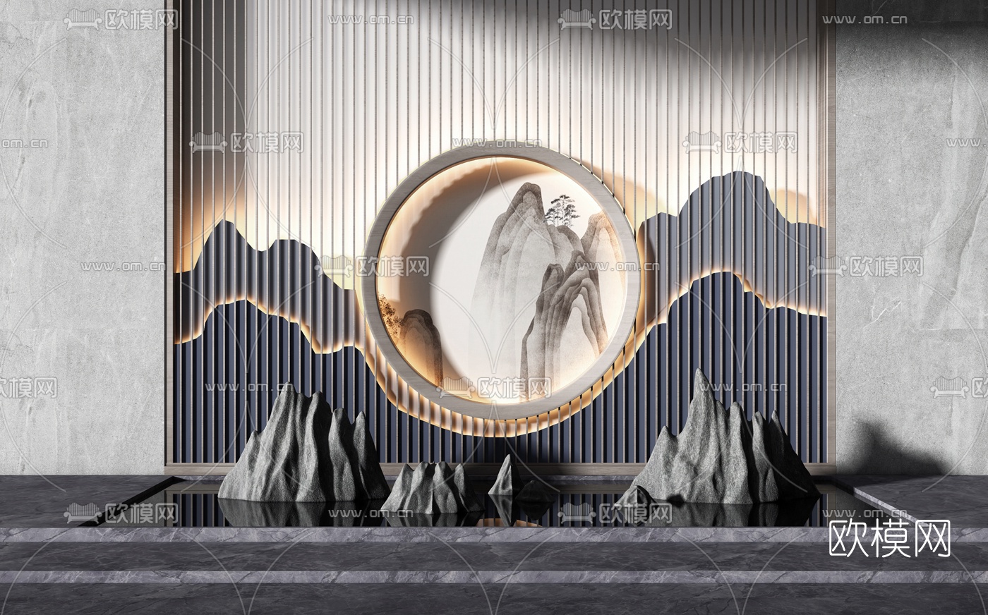 新中式假山景观小品3d模型下载