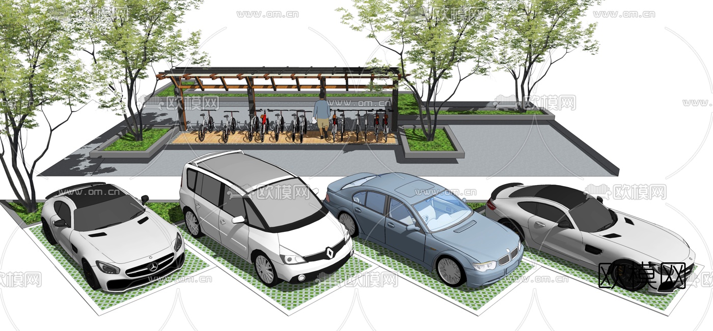 现代汽车生态停车位自行车棚su模型下载