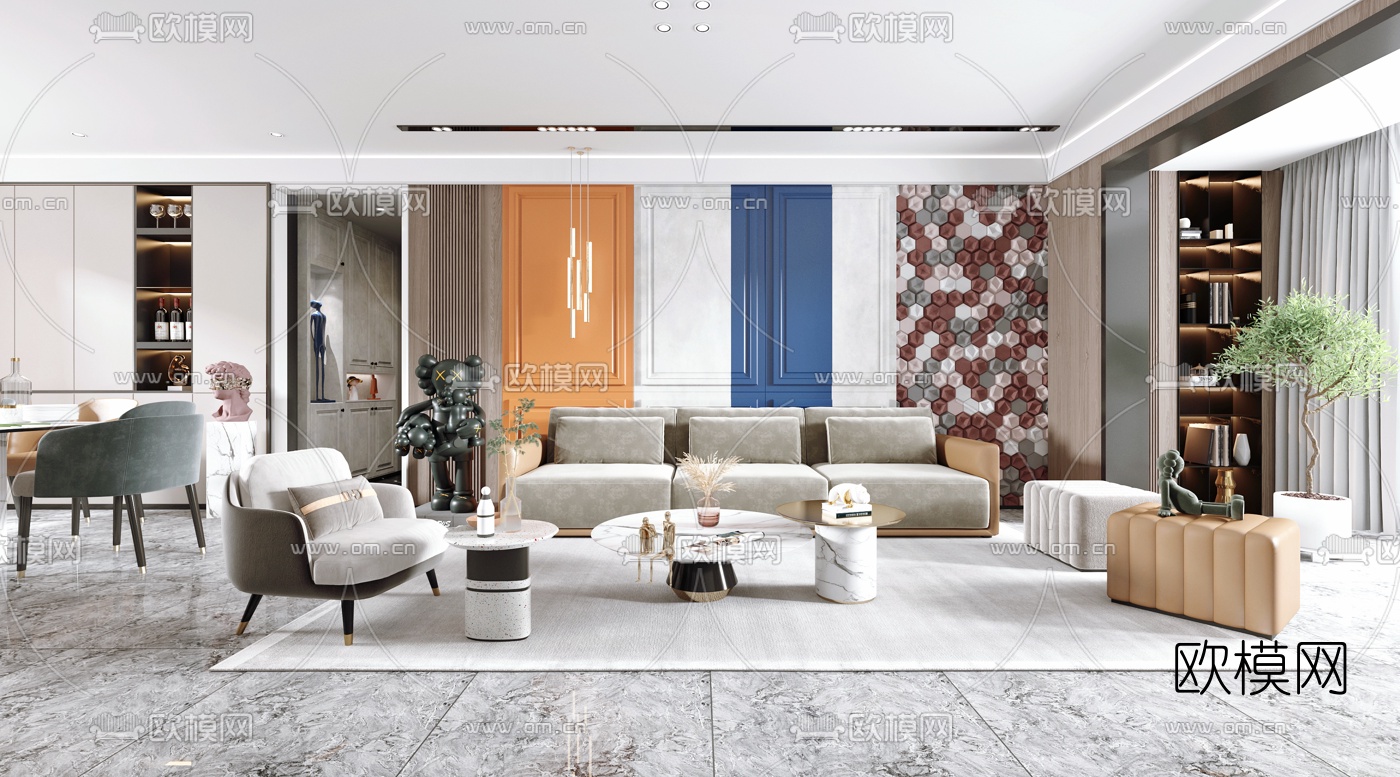 现代客厅餐厅3d模型下载（渲染图1）