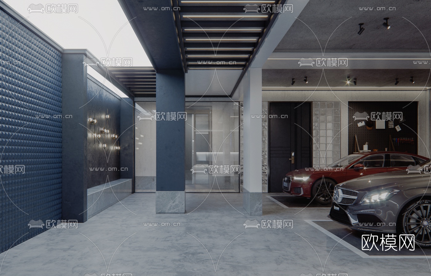 现代地下车库3d模型下载（渲染图1）