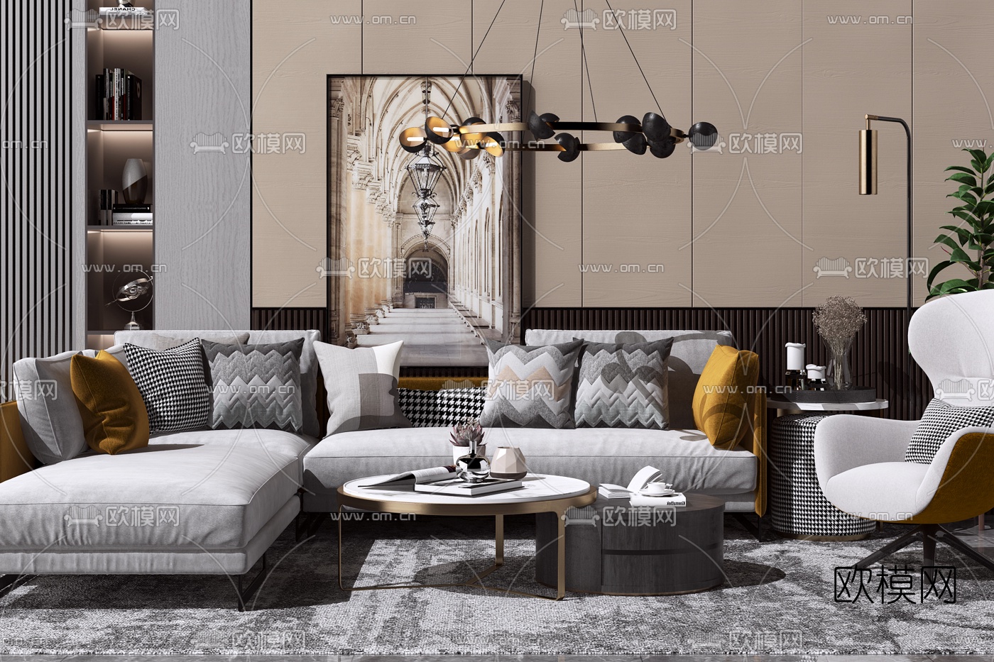 现代布艺转角沙发组合3d模型-免费3dmax模型库-欧模网