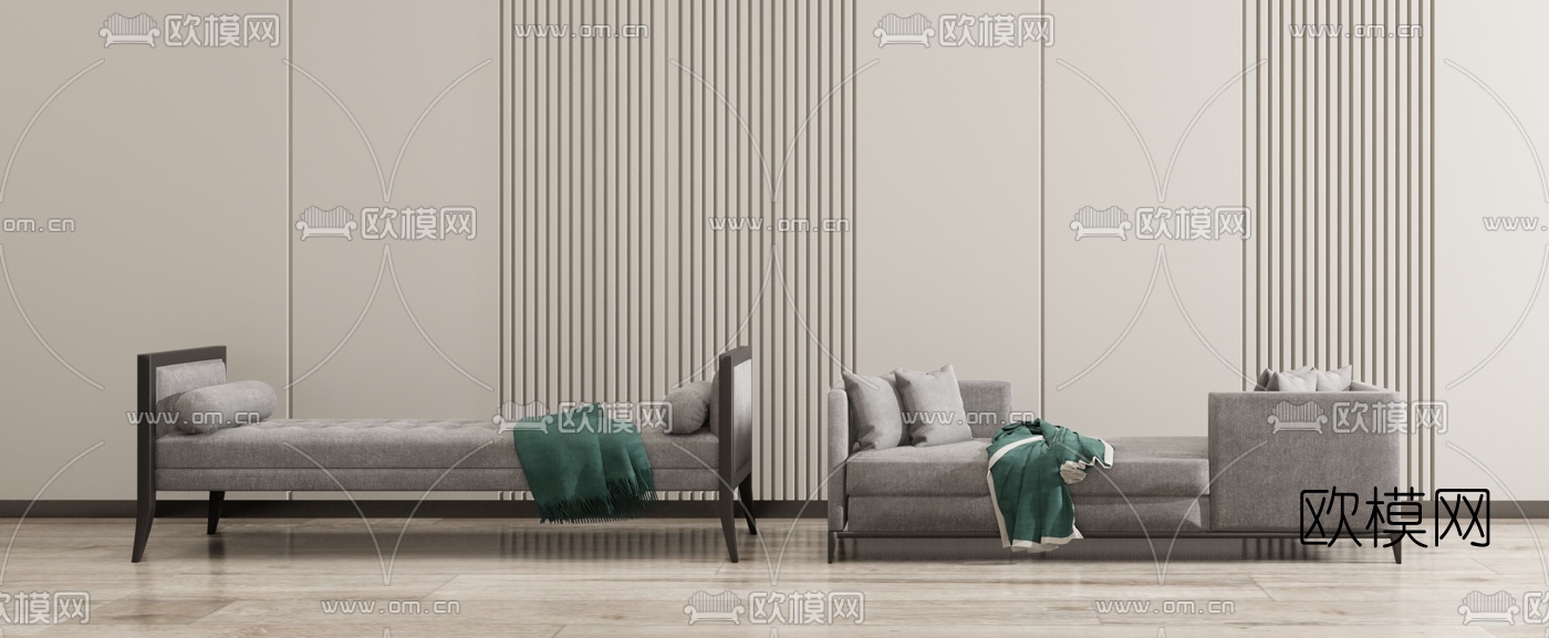 新中式布艺床尾凳su模型下载（渲染图1）