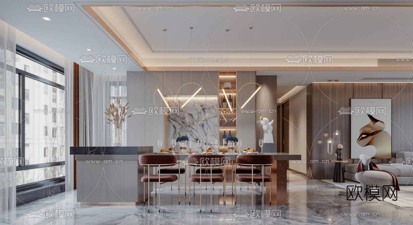 现代轻奢客厅餐厅3d模型下载（渲染图2）