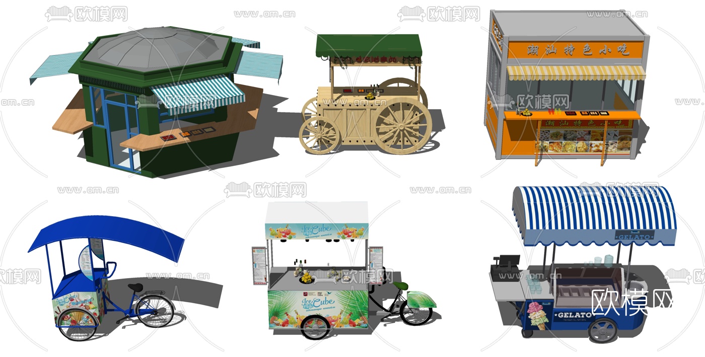 现代小摊移动快餐车售卖亭su模型下载