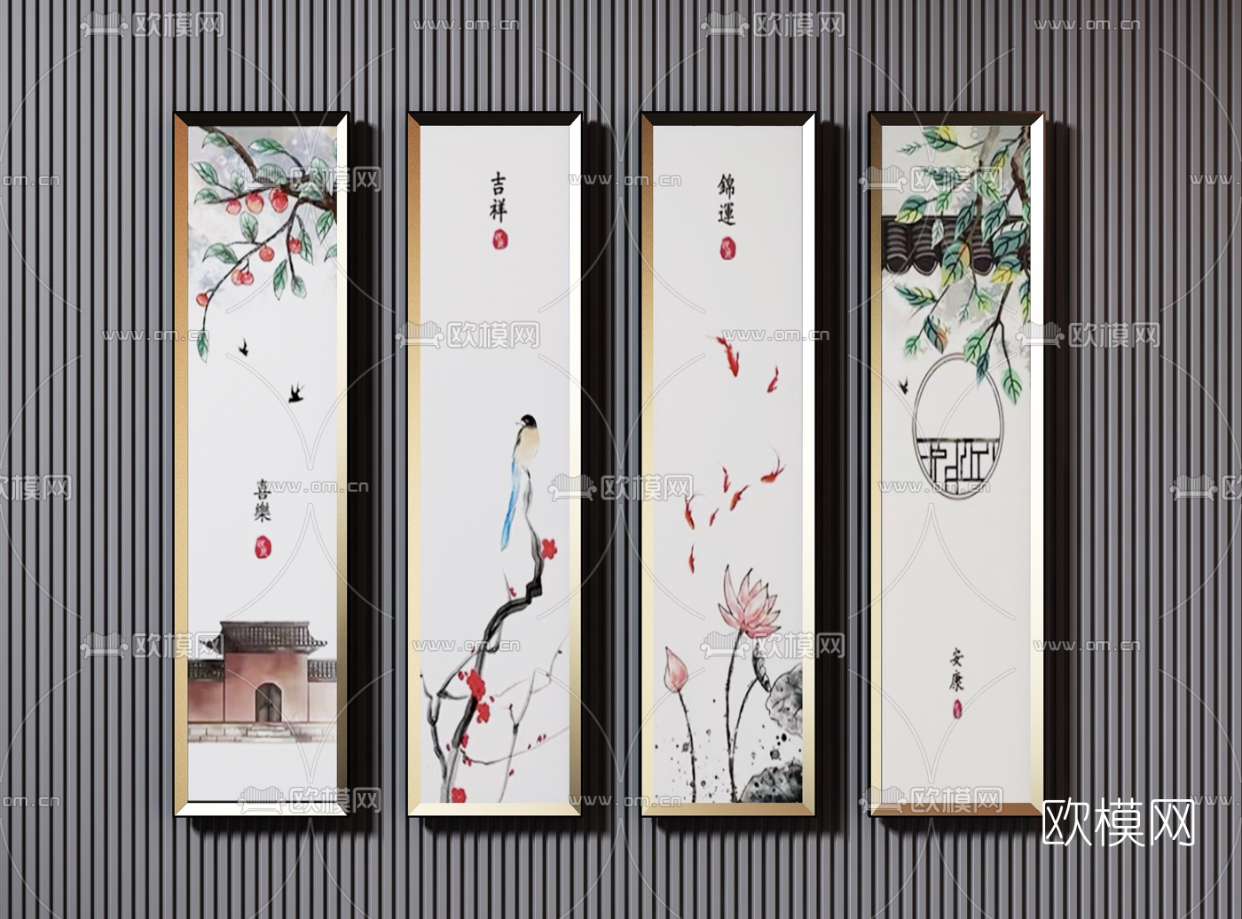 新中式花鸟建筑挂画3d模型