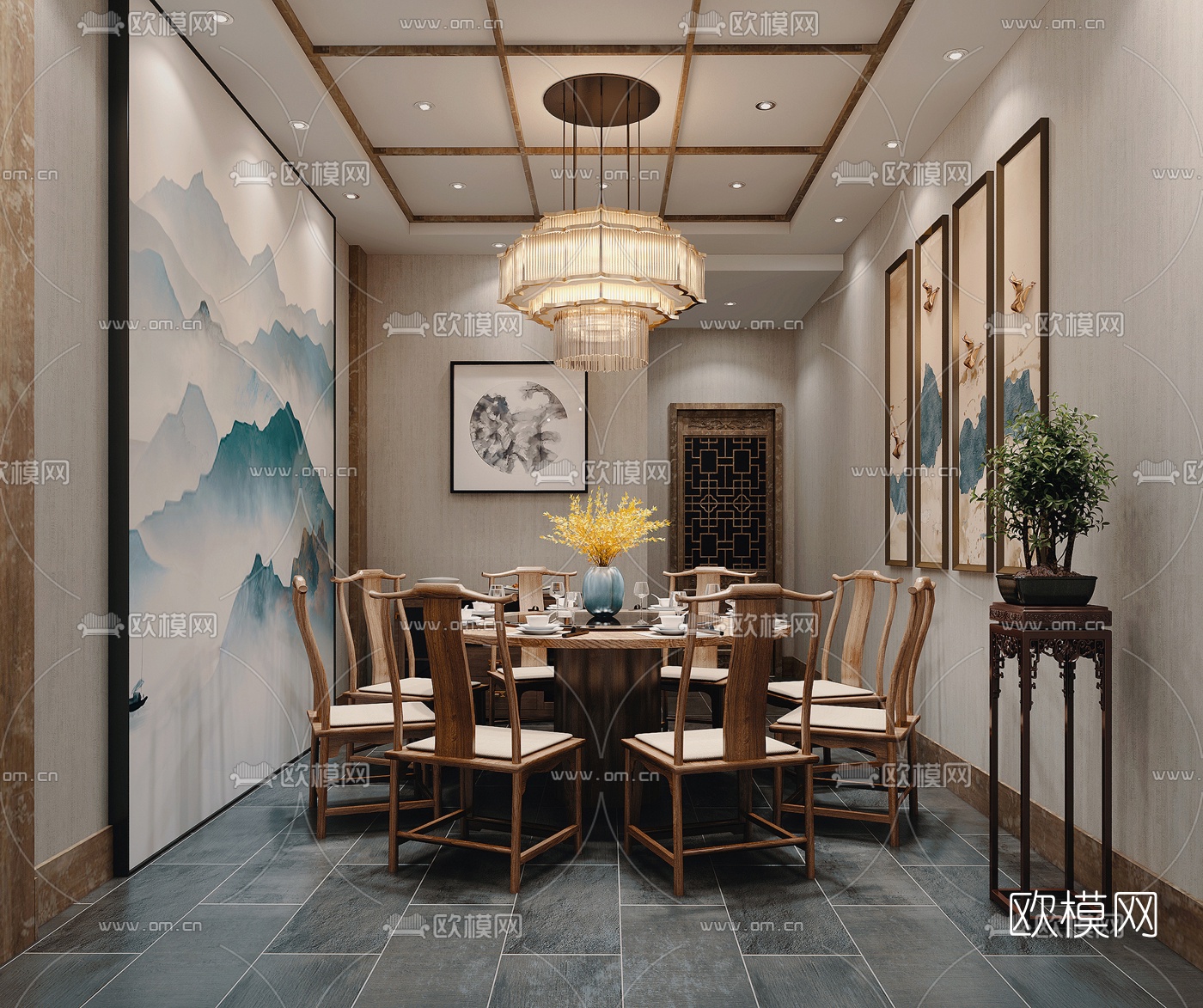 新中式酒店餐厅包房3d模型下载