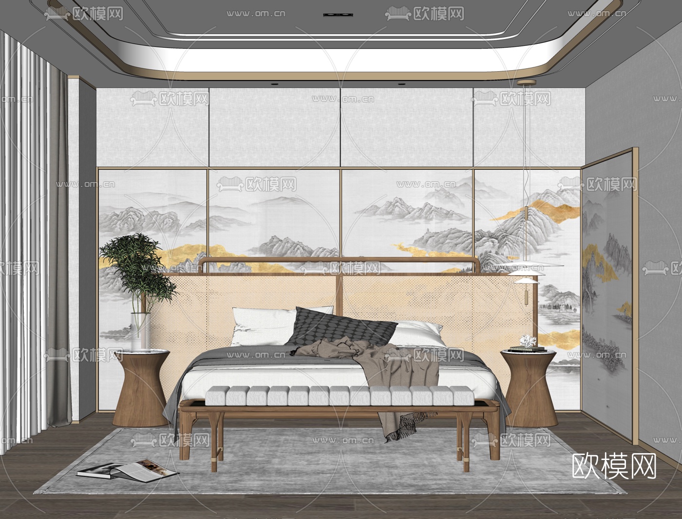 新中式卧室su模型