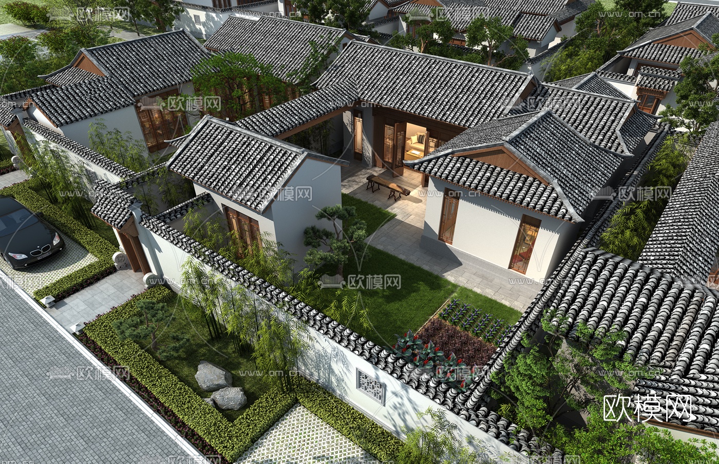 中式四合院鸟瞰3d模型下载_ID10172940_3dmax免费模型-欧模网