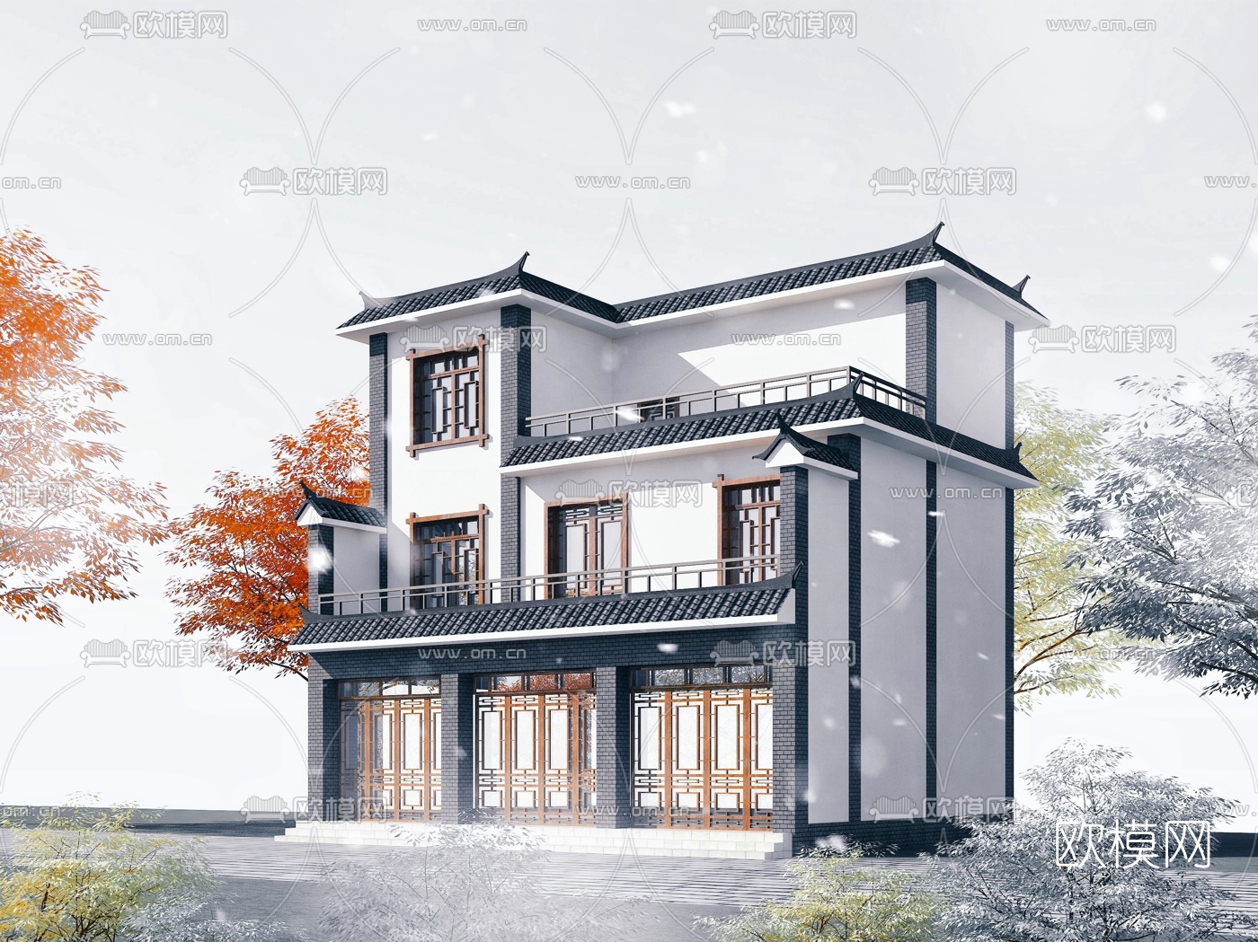 中式民宿乡村别墅建筑外观3d模型下载