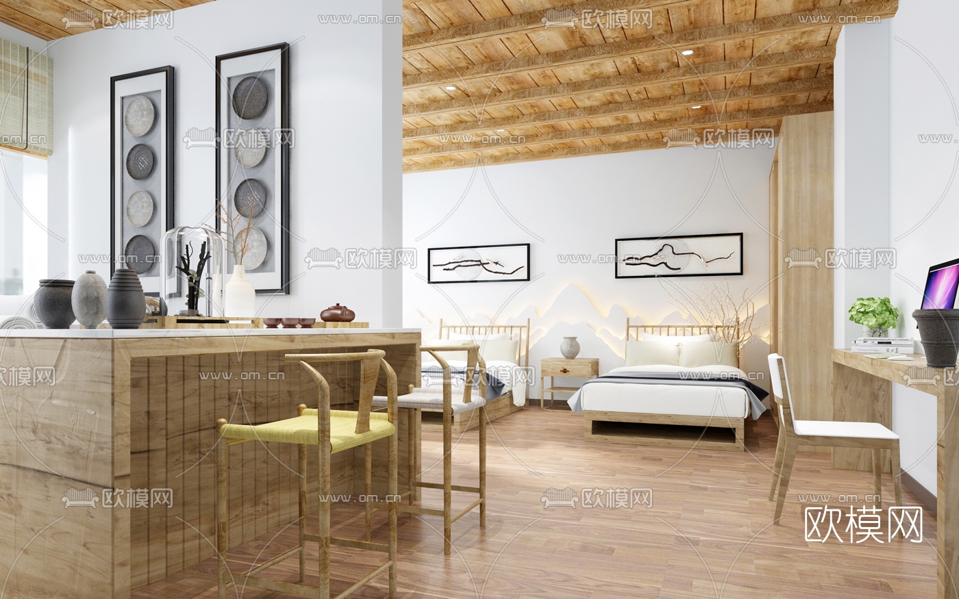 自然风民宿大厅客房茶室免费3d模型下载（渲染图2）