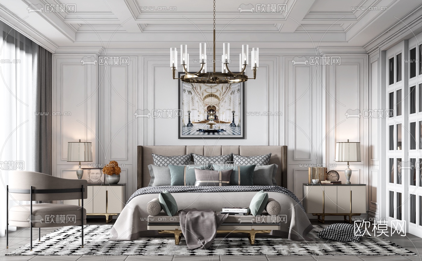 美式卧室主人房3d模型下载