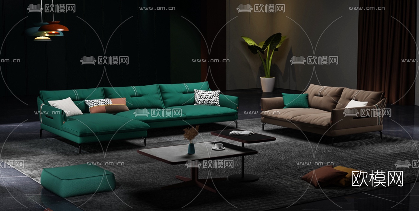 现代布艺转角沙发组合3d模型-免费3dmax模型库-欧模网