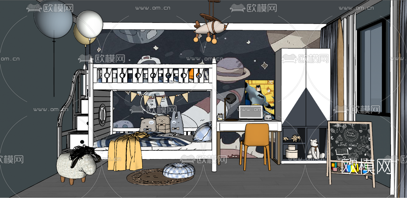 欧式上下铺儿童床su模型下载