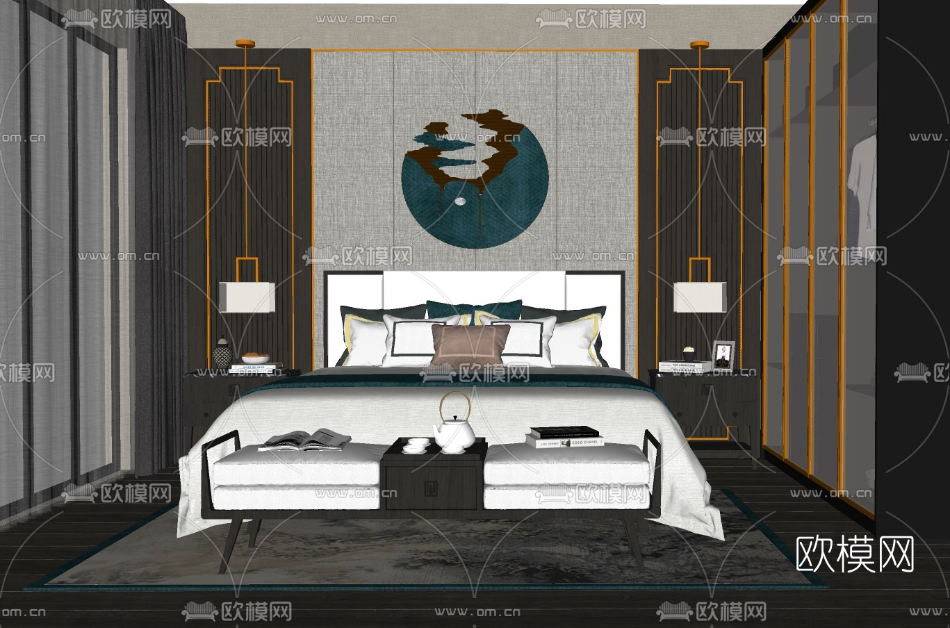 新中式布艺双人床su模型下载