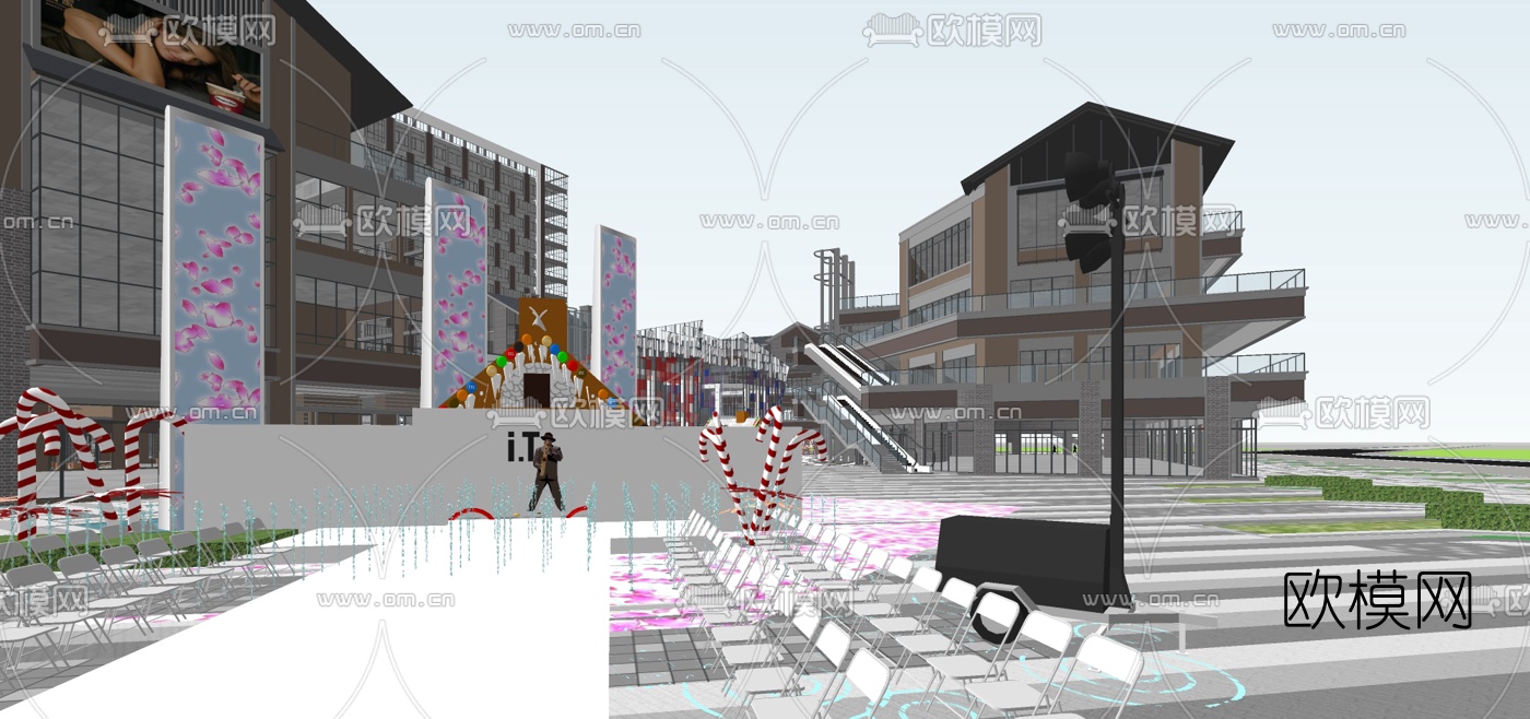 新中式商业综合体建筑外观su模型下载（渲染图2）