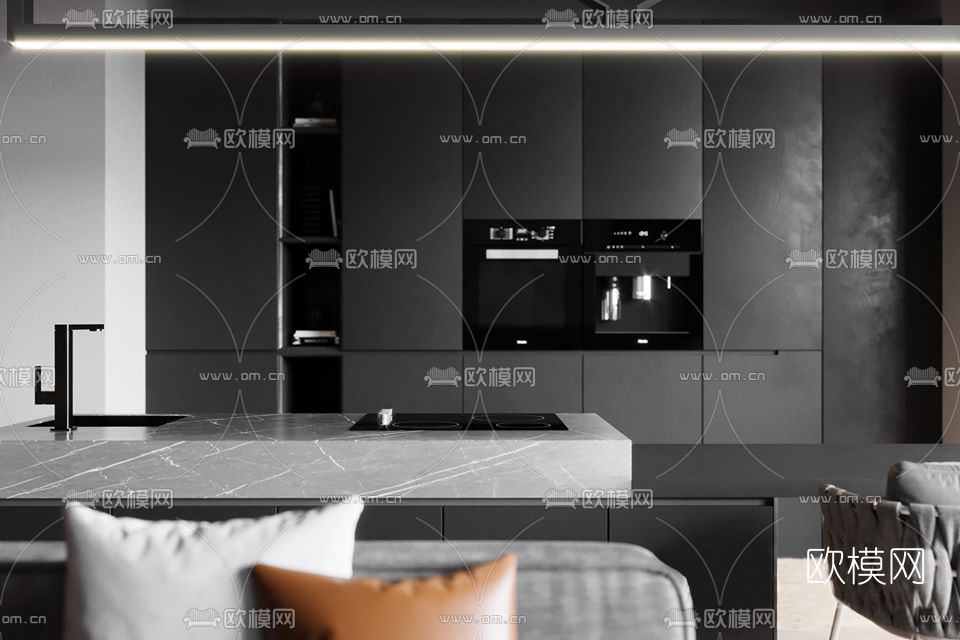 现代高级灰客厅餐厅3d模型