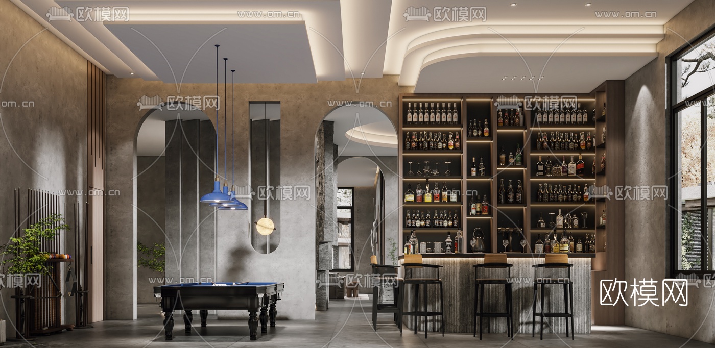 侘寂酒店会所大堂前台中庭休息区3d模型下载（渲染图4）