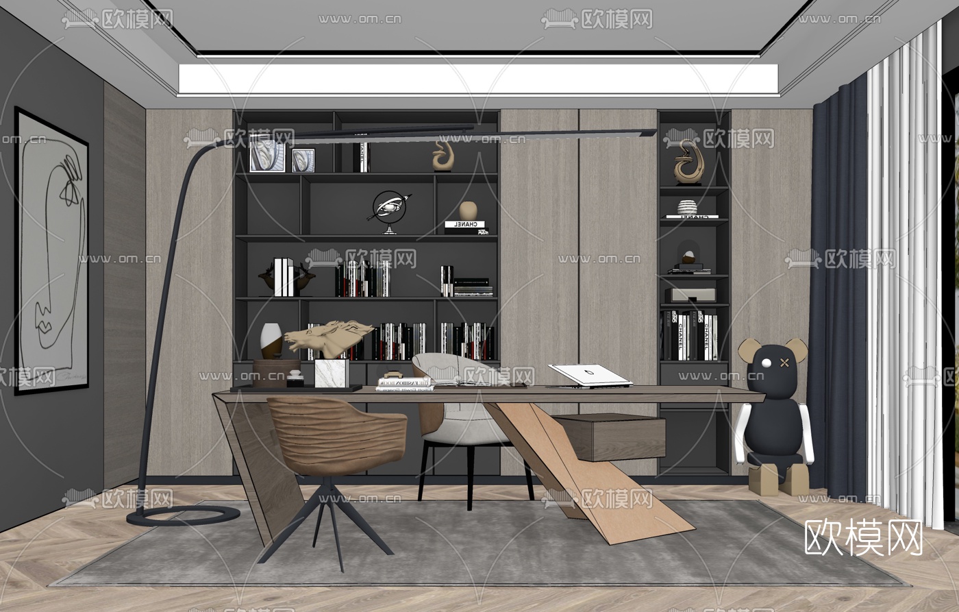 现代书房su模型下载（渲染图2）