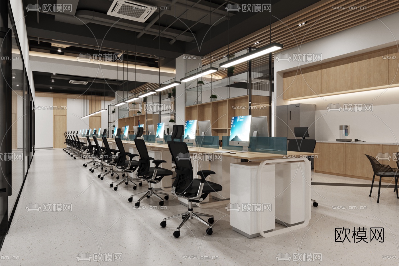 现代敞开式办公区3d模型下载（渲染图1）