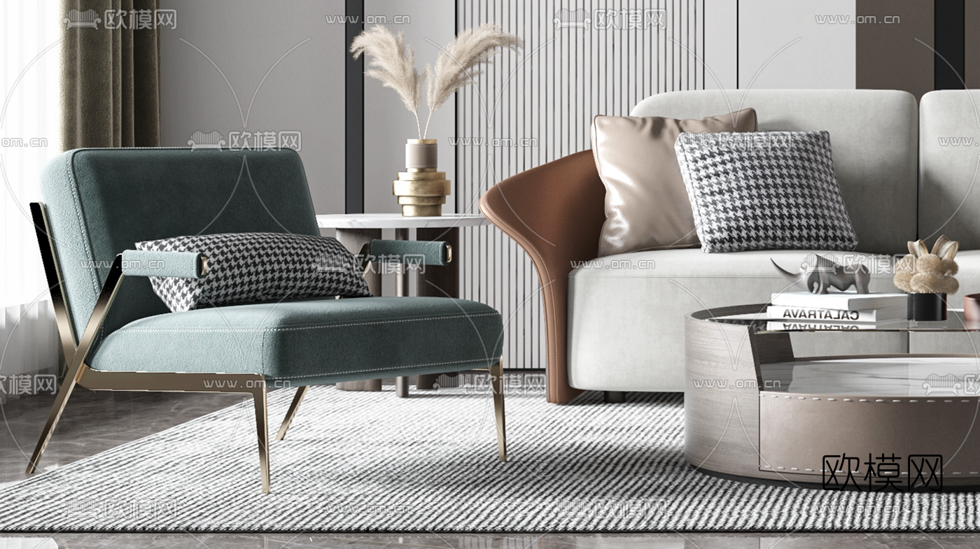 现代布艺沙发组合3d模型下载（渲染图2）