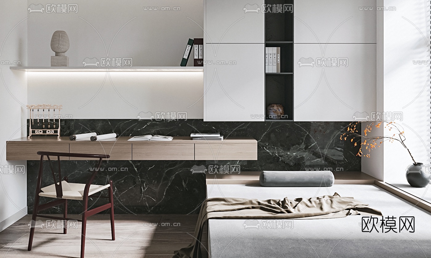 新中式侘寂榻榻米卧室3d模型下载（渲染图2）