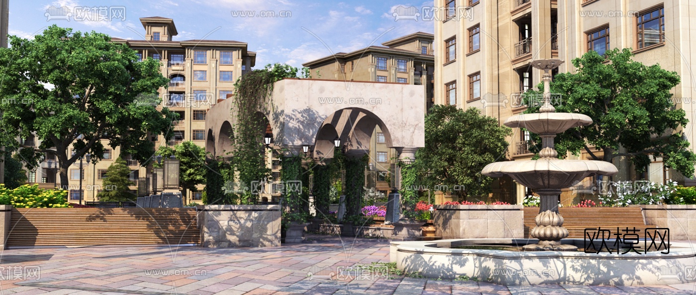 简欧住宅小区公园景观3d模型下载