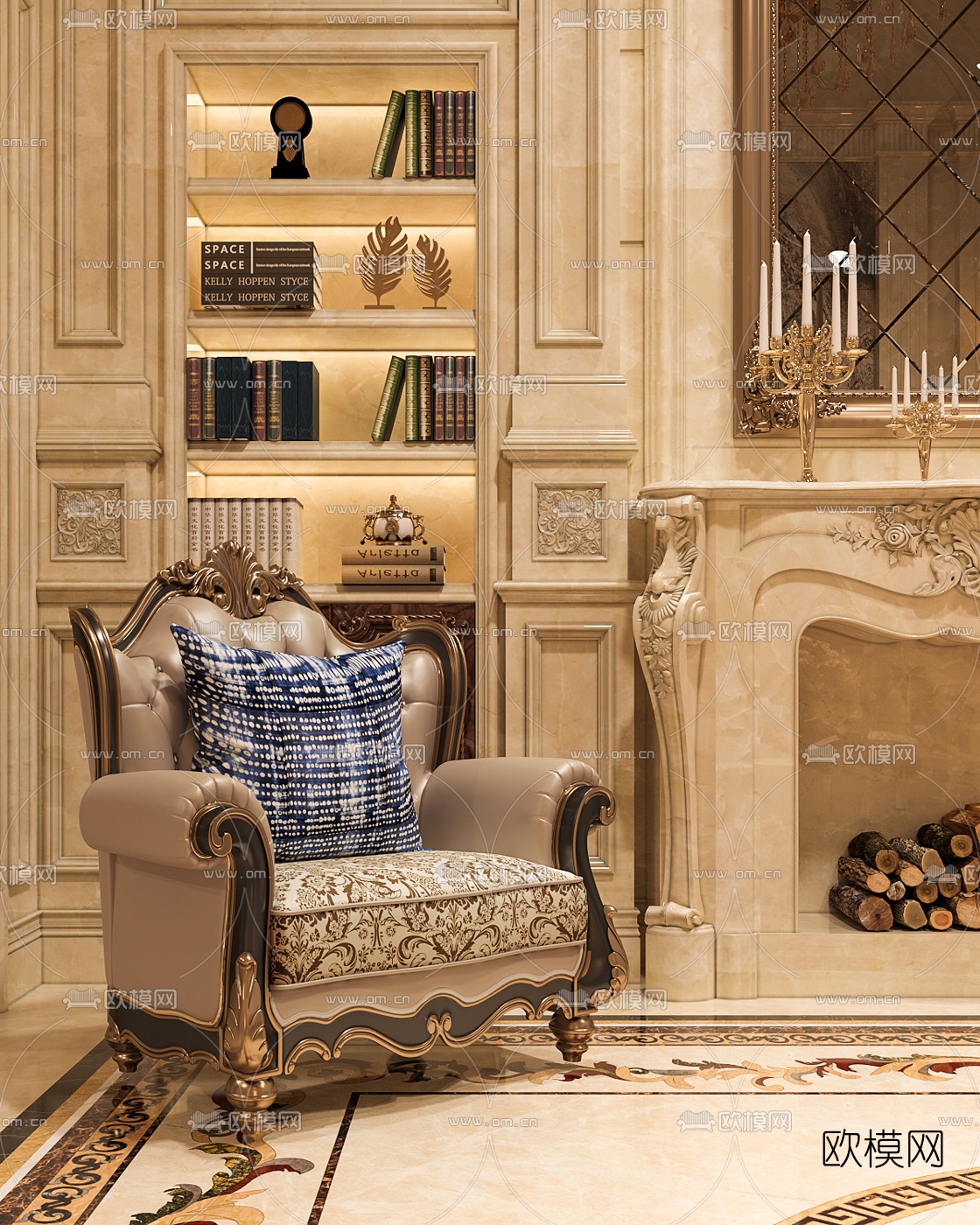 欧式轻奢别墅客厅3d模型下载（渲染图2）