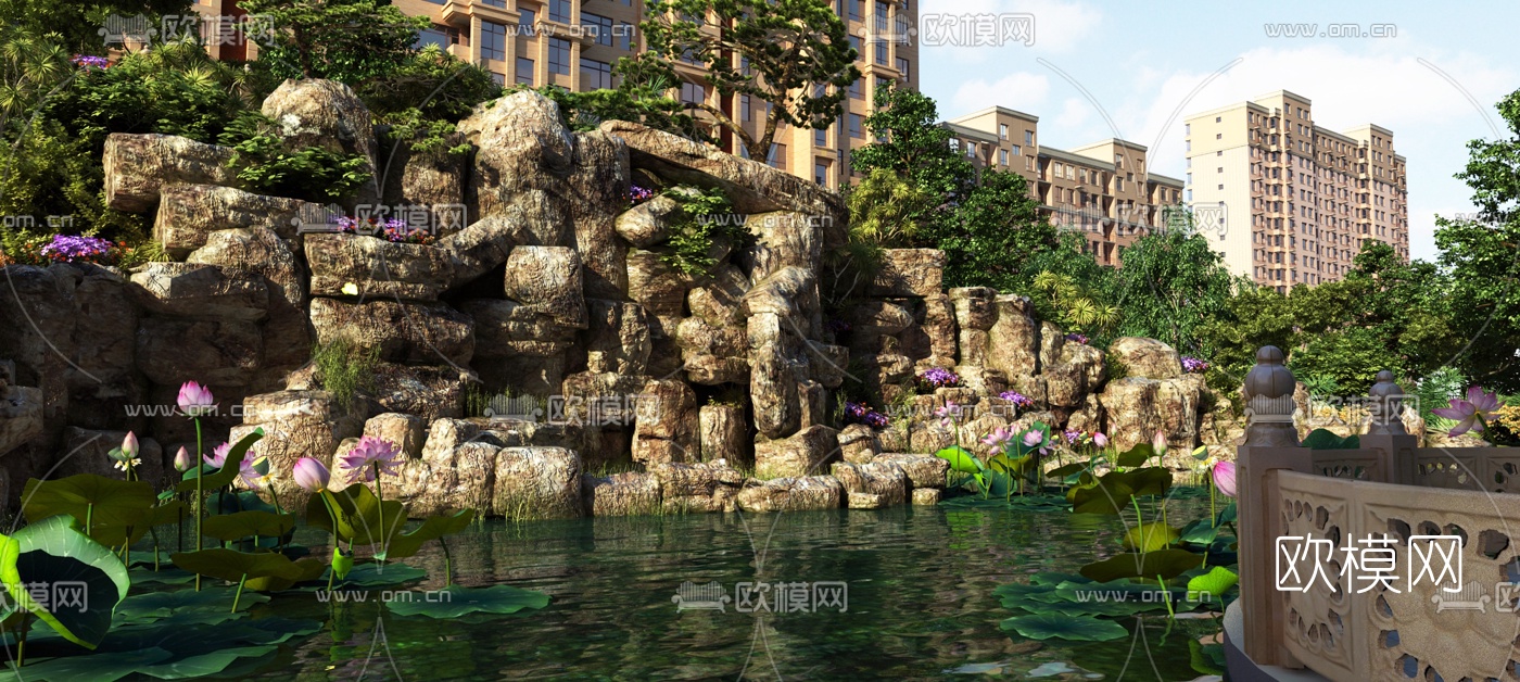 现代假山池塘园林景观3d模型下载