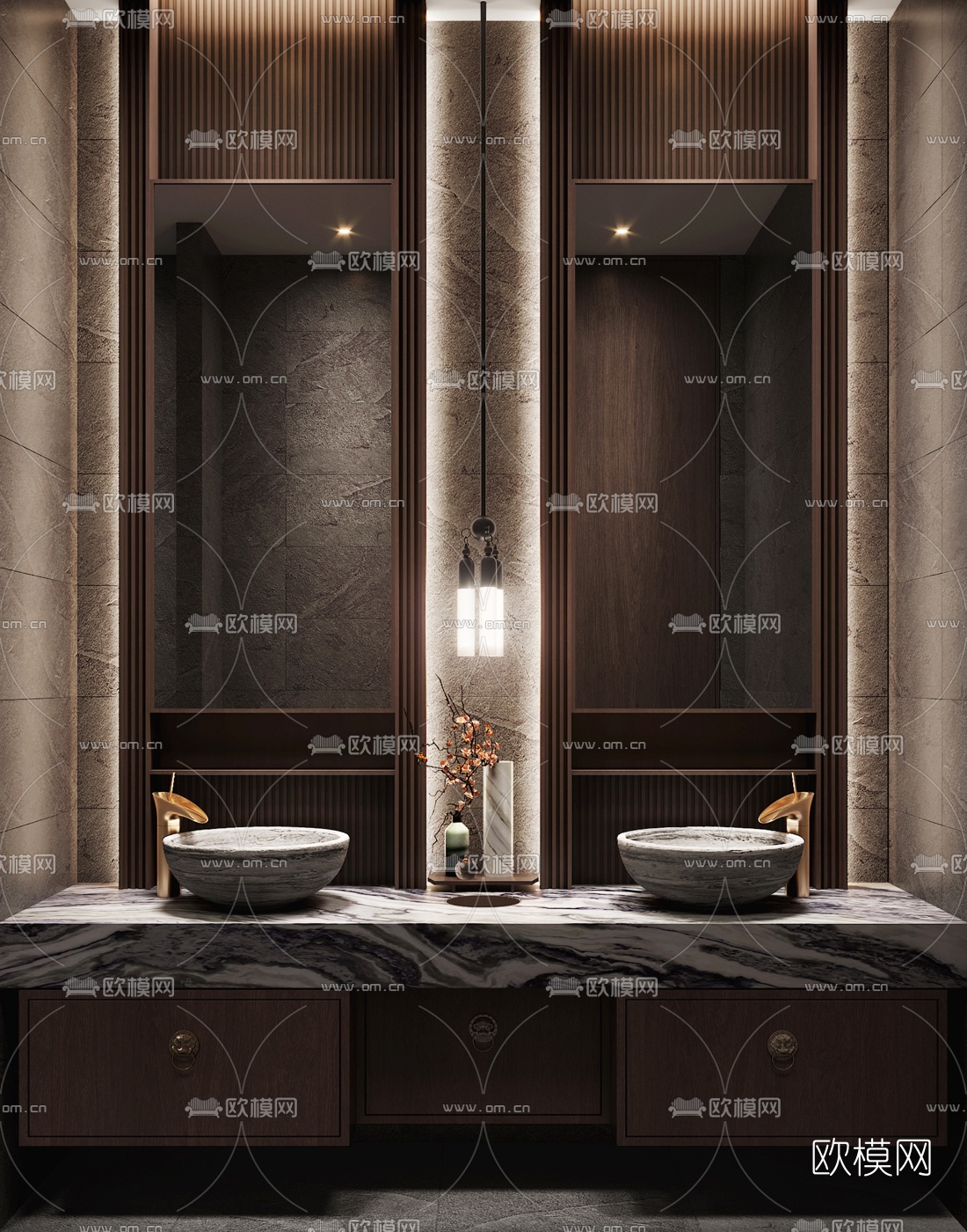 新中式公共卫生间3d模型下载（渲染图2）