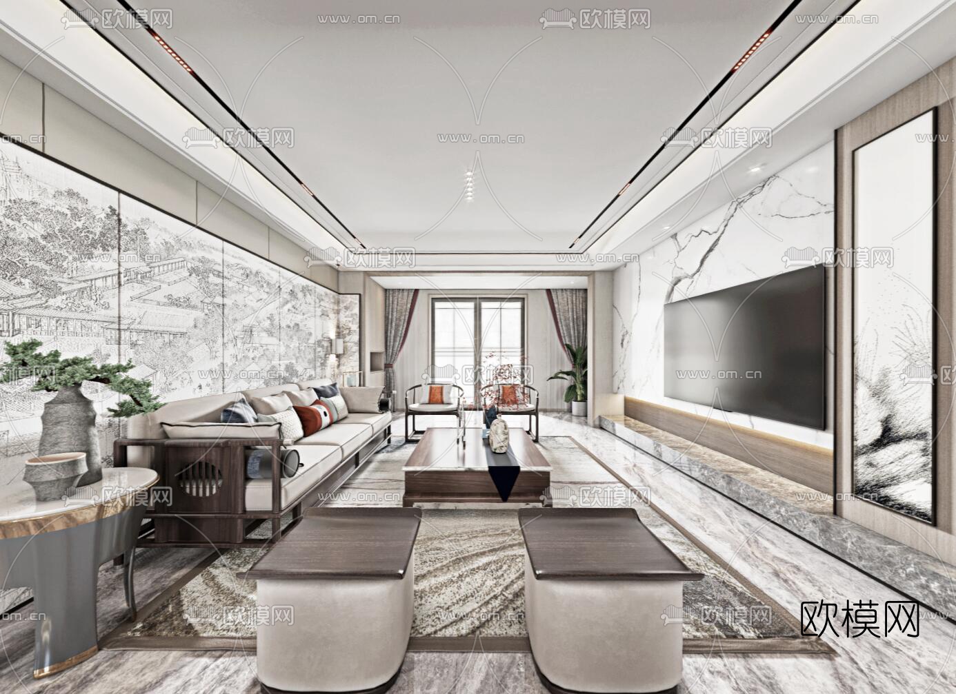 新中式轻奢客厅餐厅vr全景3d模型