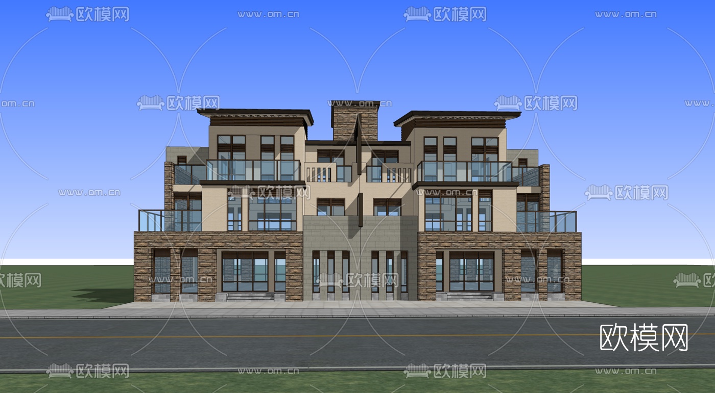 现代独栋别墅su模型下载（渲染图3）
