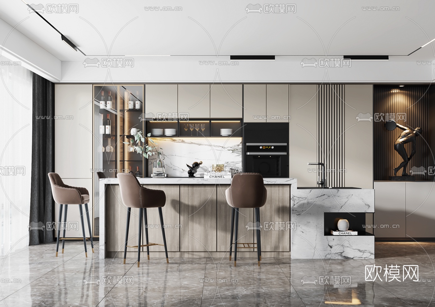 现代橱柜中岛吧台3d模型下载