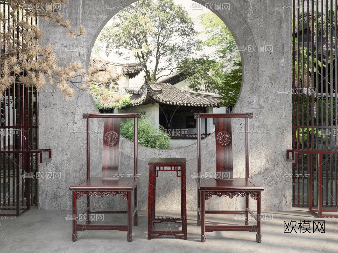 中式实木官帽椅3d模型下载（渲染图1）