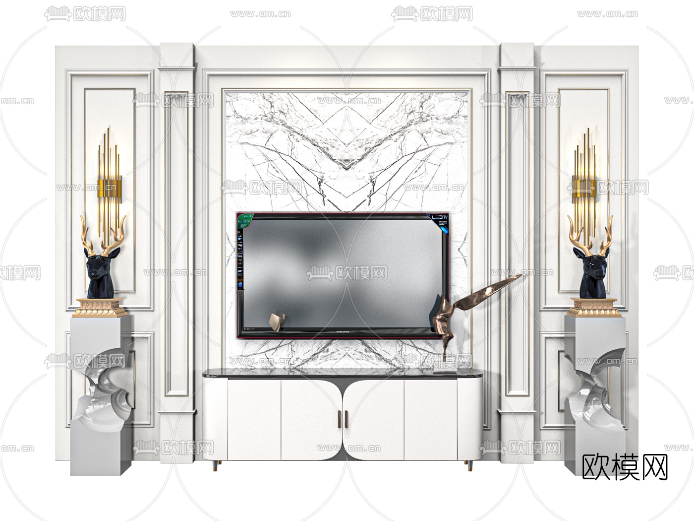 简欧电视柜背景墙3d模型下载
