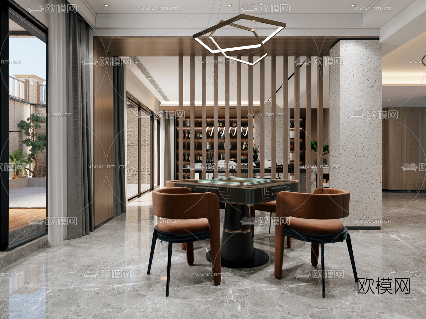 新中式茶室休闲区3d模型下载（渲染图2）