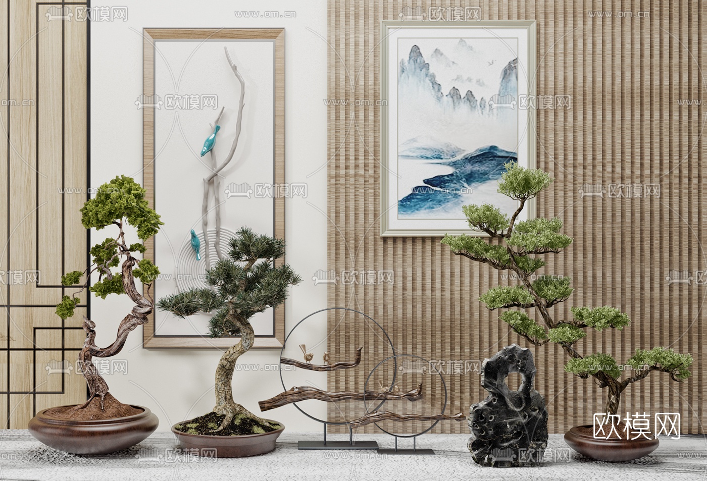 新中式绿植盆景雕塑摆件3d模型下载