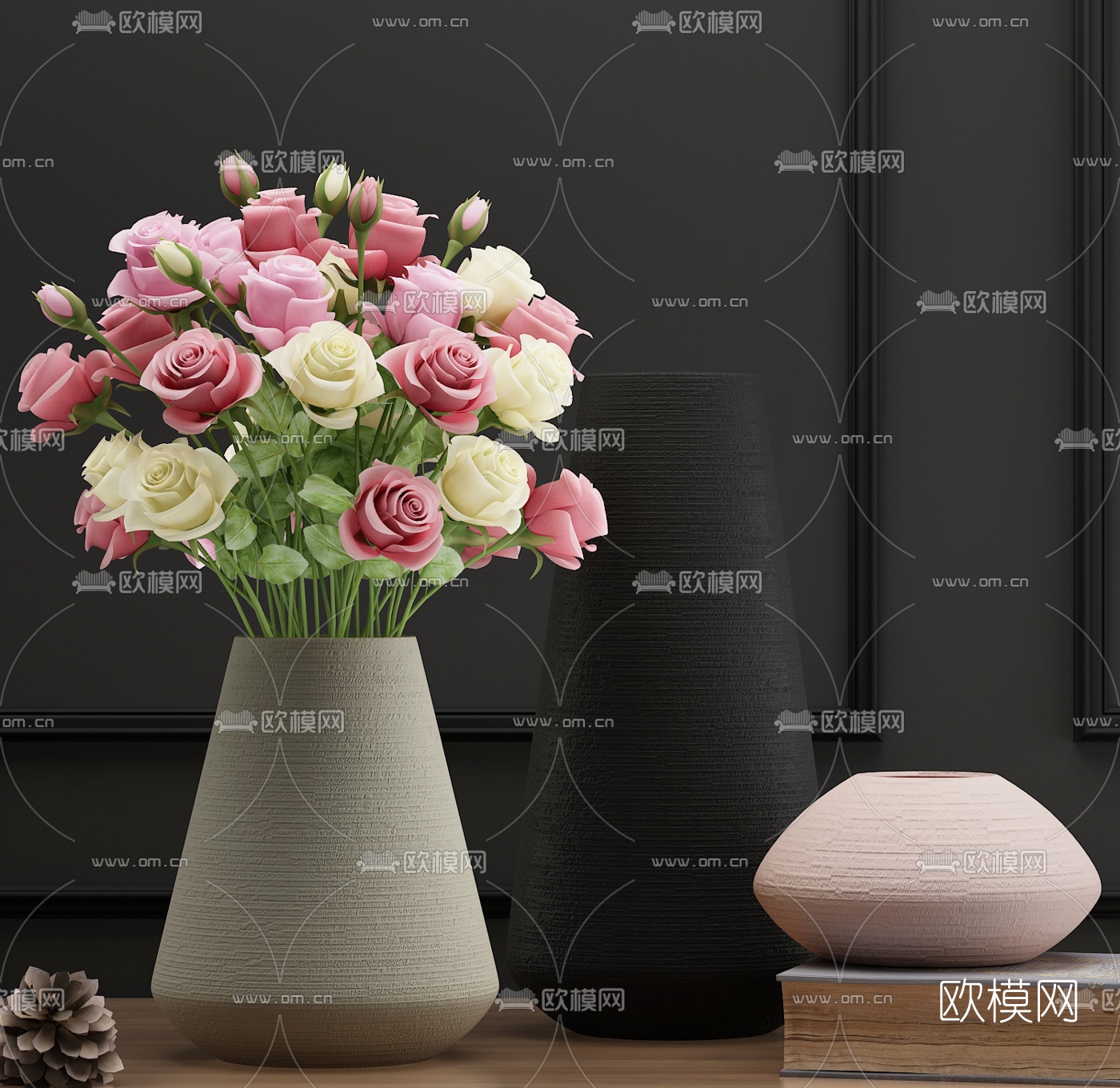 现代玫瑰花花瓶陶罐3d模型下载