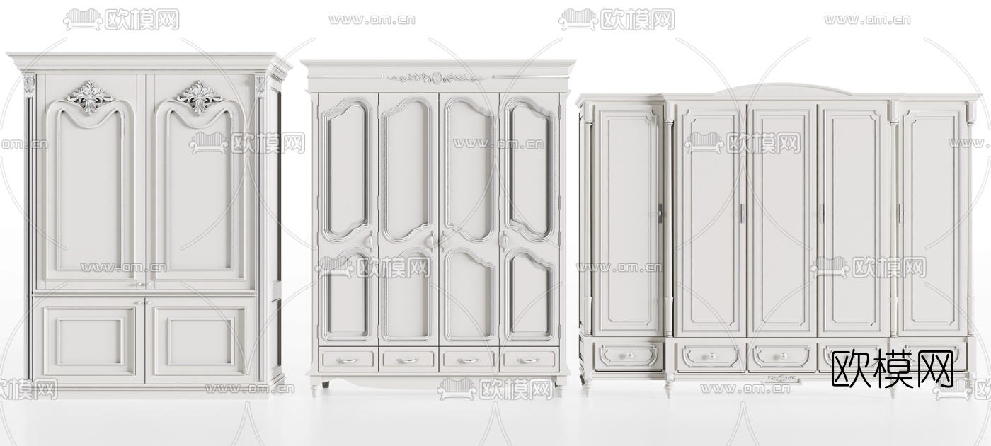 简欧实木雕花衣柜组合3d模型下载