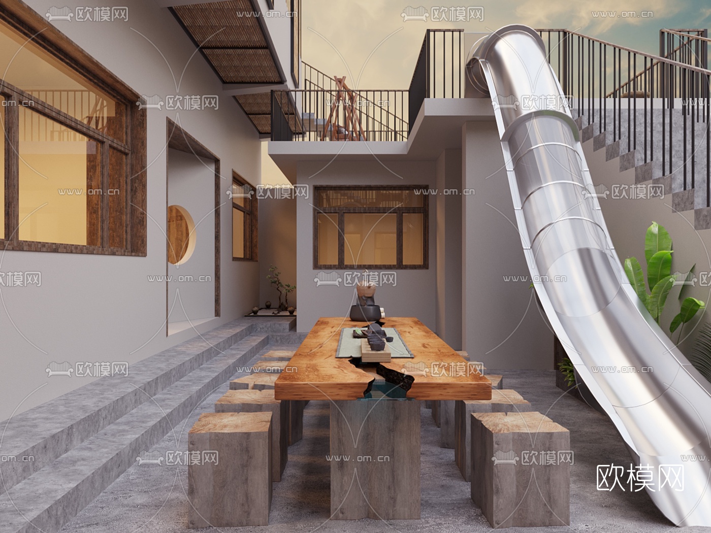 现代民居小院鸟瞰免费3d模型下载（渲染图2）